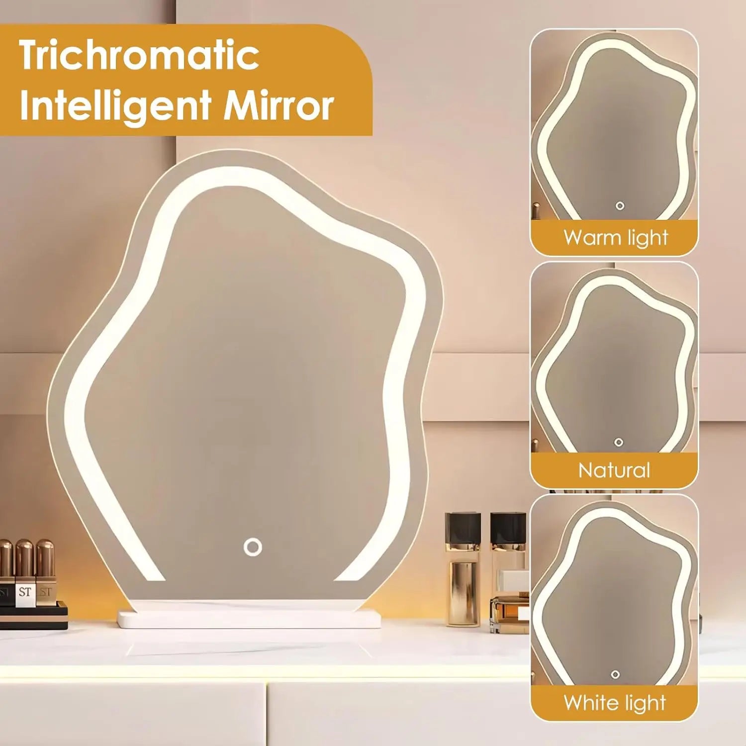 Vanity Desk Modern Vanity Table with Smart LED Mirror Minimalist Vanities Set Includes Expandable Side Cabinet with Wraparound L