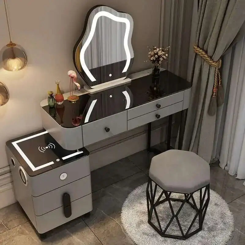 Luxury Glass Dressing Table with Smart Wireless Charging Bedroom Vanity Nightstand Makeup Table Drawers with Led Mirror Dresser