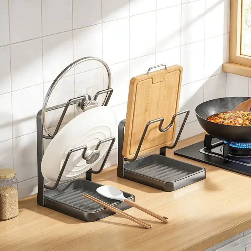 No Drill Kitchen Pot Lid Rack - Space Saving Countertop Organizer with Drainage Tray, Easy Clean Pot Lid Holder for Kitchen Stor