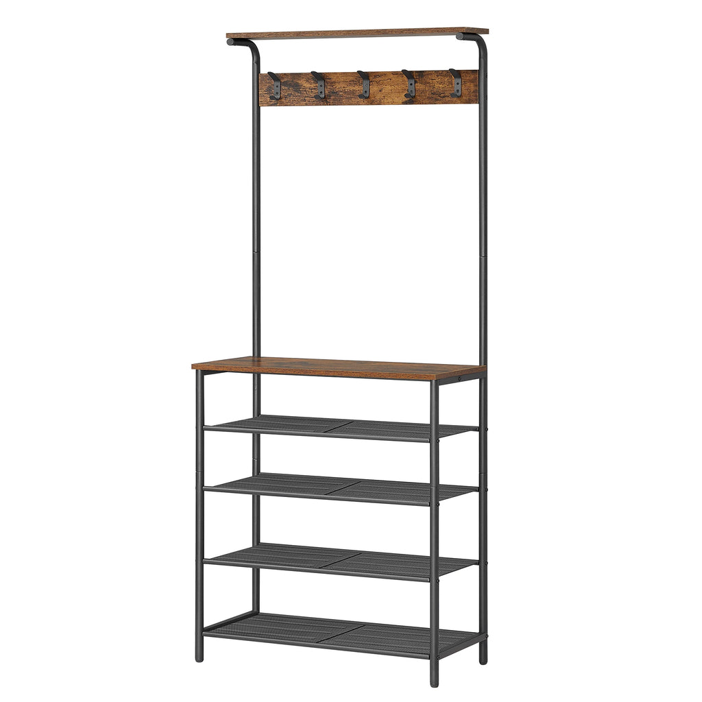 VASAGLE coat rack, dresses stand, wardrobe with 5 double hooks, shoe rack with 5 levels, one shelf on top