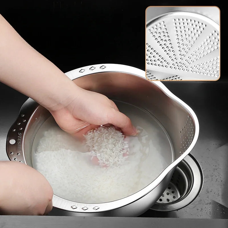 316 Stainless Steel Drainage Basket Multifunctional Amalgamator Rice Sieve Fruit Plate Household Kitchen Washbasin