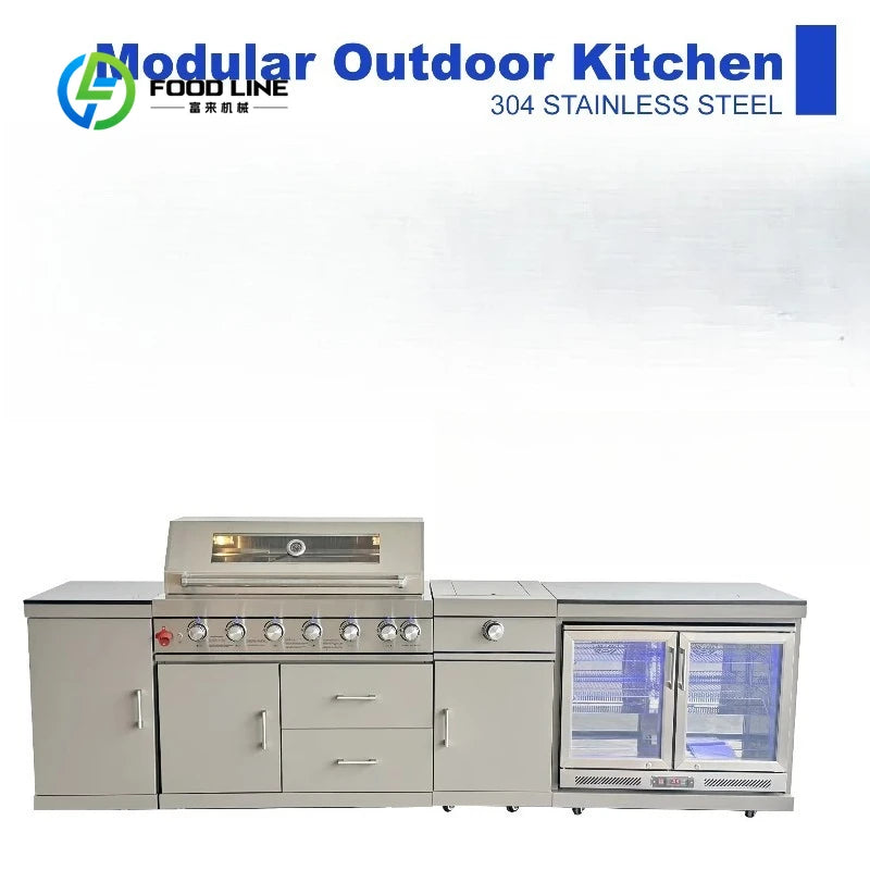 Customized Modern Stainless Steel Outdoor Kitchen Set with 7-Burner Gas Grill Side Burner and Fridge Cabinet for Backyard Patio