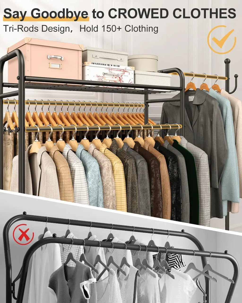 3-In-1 Clothes Racks For Hanging Clothes With Coat Rack, Heavy Duty Clothing Rack With Shelves Load 620Lbs, Portable Garment