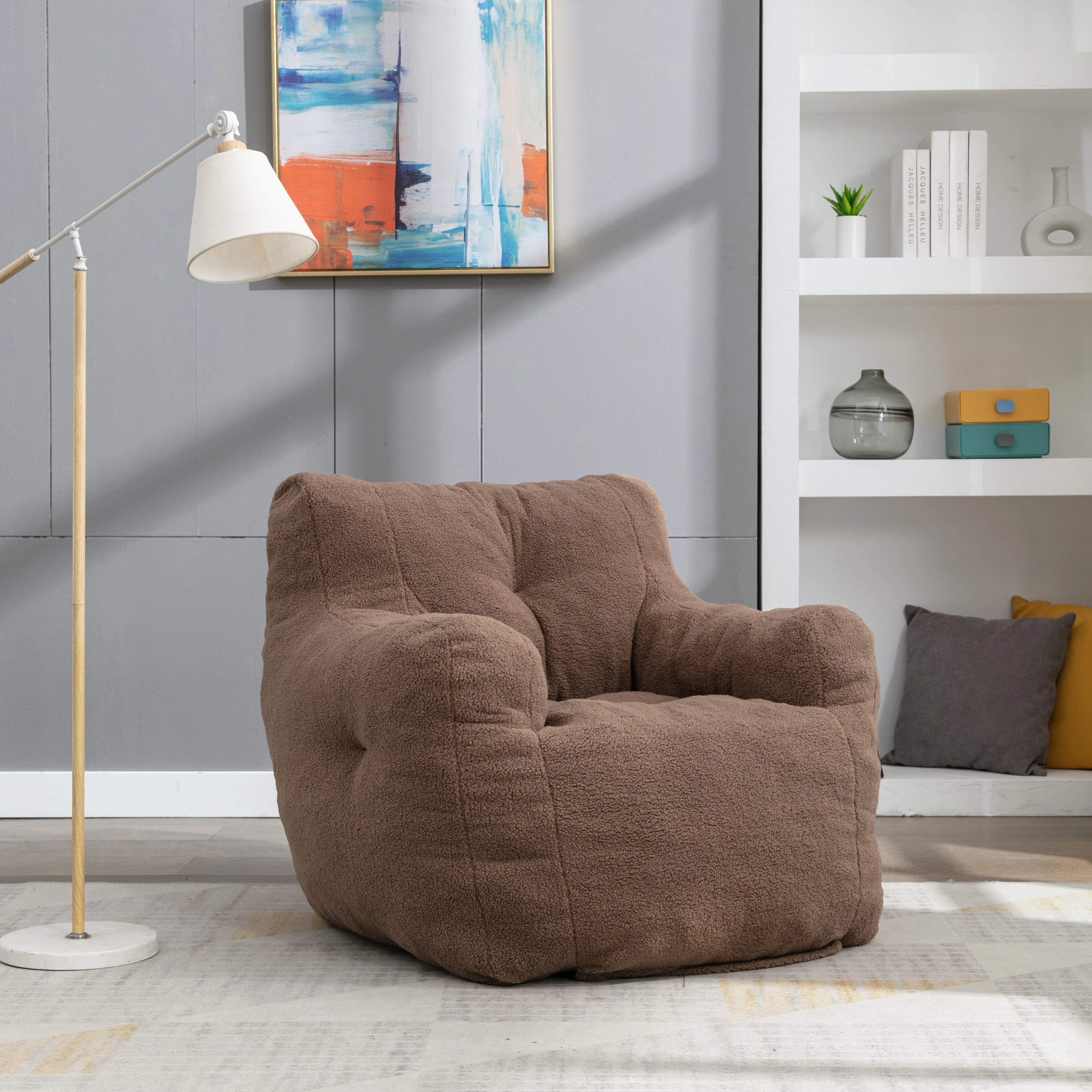 Soft Teddy Fabric Tufted Foam Bean Bag Chair With Teddy Fabric Ivory White