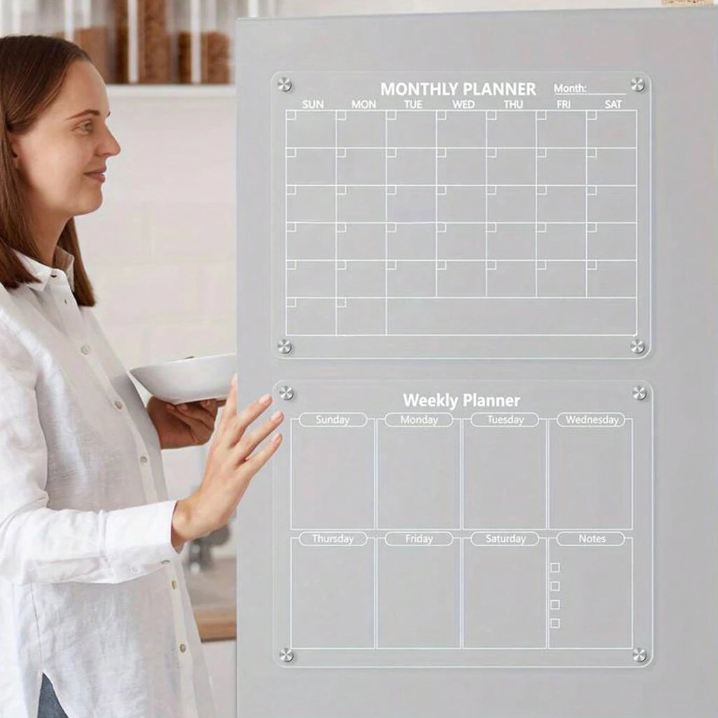Magnetic Acrylic Calendar for Fridge Refrigerator Monthly Dry Erase Board Markers & Magnetic Pen Holder, Organic Glass Clea