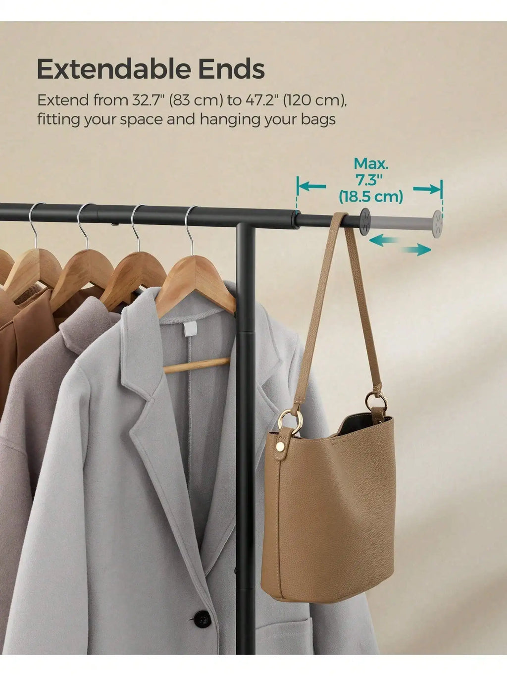 SONGMICS Clothes Rack, Clothing Rack for Hanging Clothes with Wheels, Garment Rack with Extendable Hanging Rail