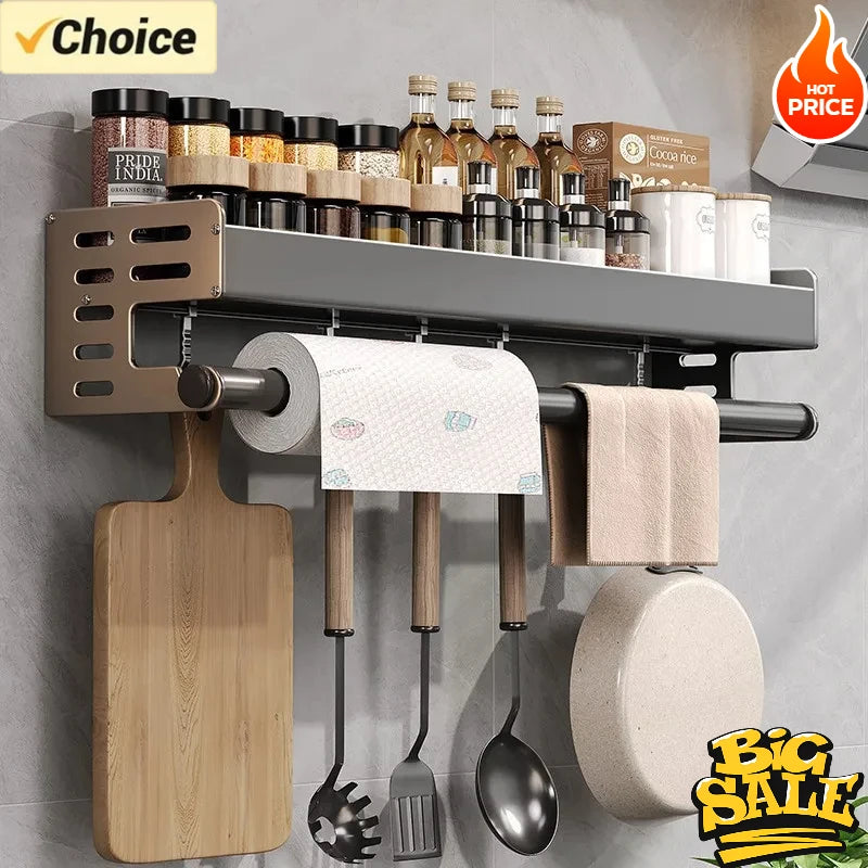 No Drill Kitchen Wall Mounted Spice Rack Space Saving Multifunctional Organizer with Hooks & Paper Towel Holder