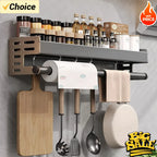 No Drill Kitchen Wall Mounted Spice Rack Space Saving Multifunctional Organizer with Hooks & Paper Towel Holder