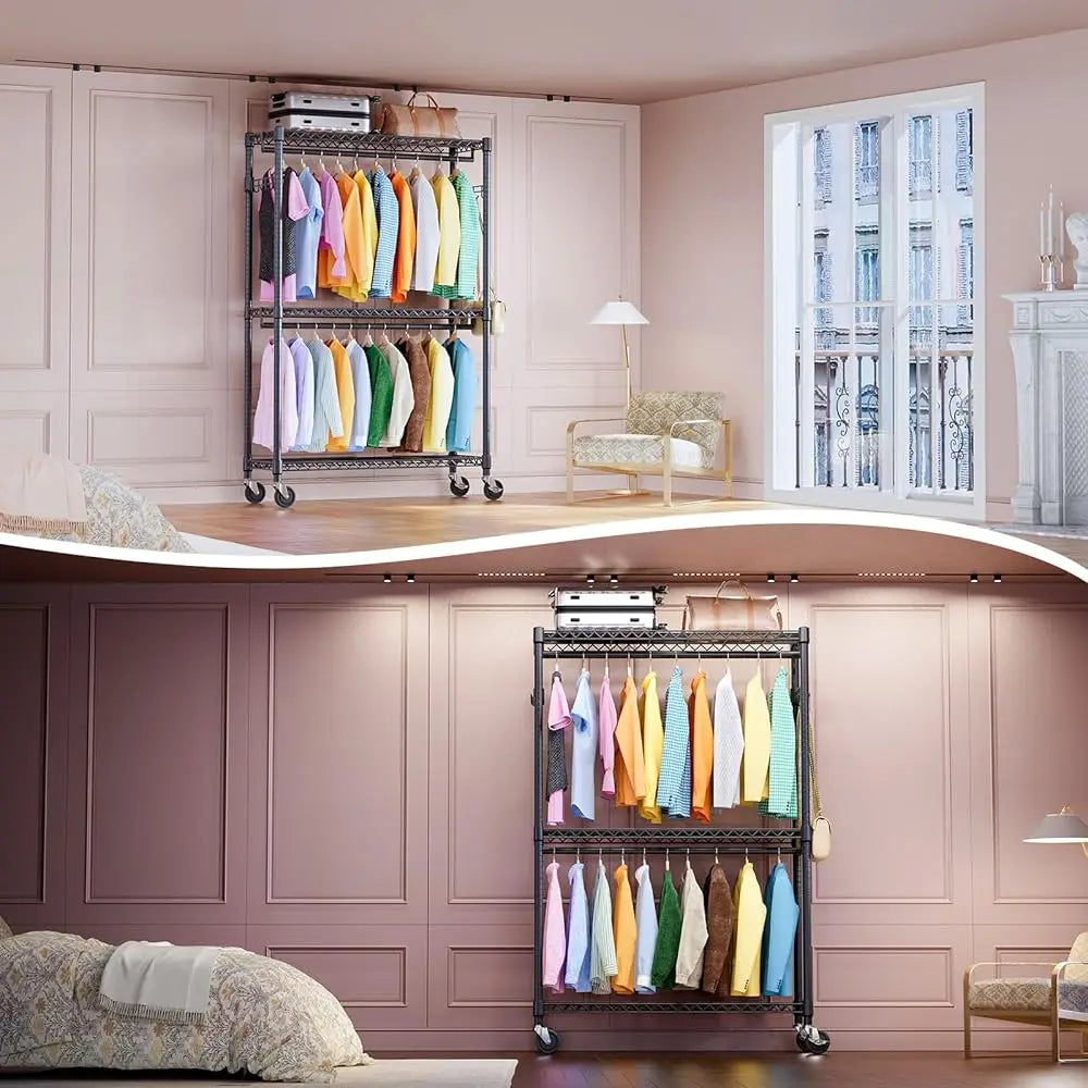 3 Tier Heavy Duty Rolling Garment Ra Wire Clothes Ra For Hanging Clothes, Metal Freestanding Closet Wardrobe With Double Rods