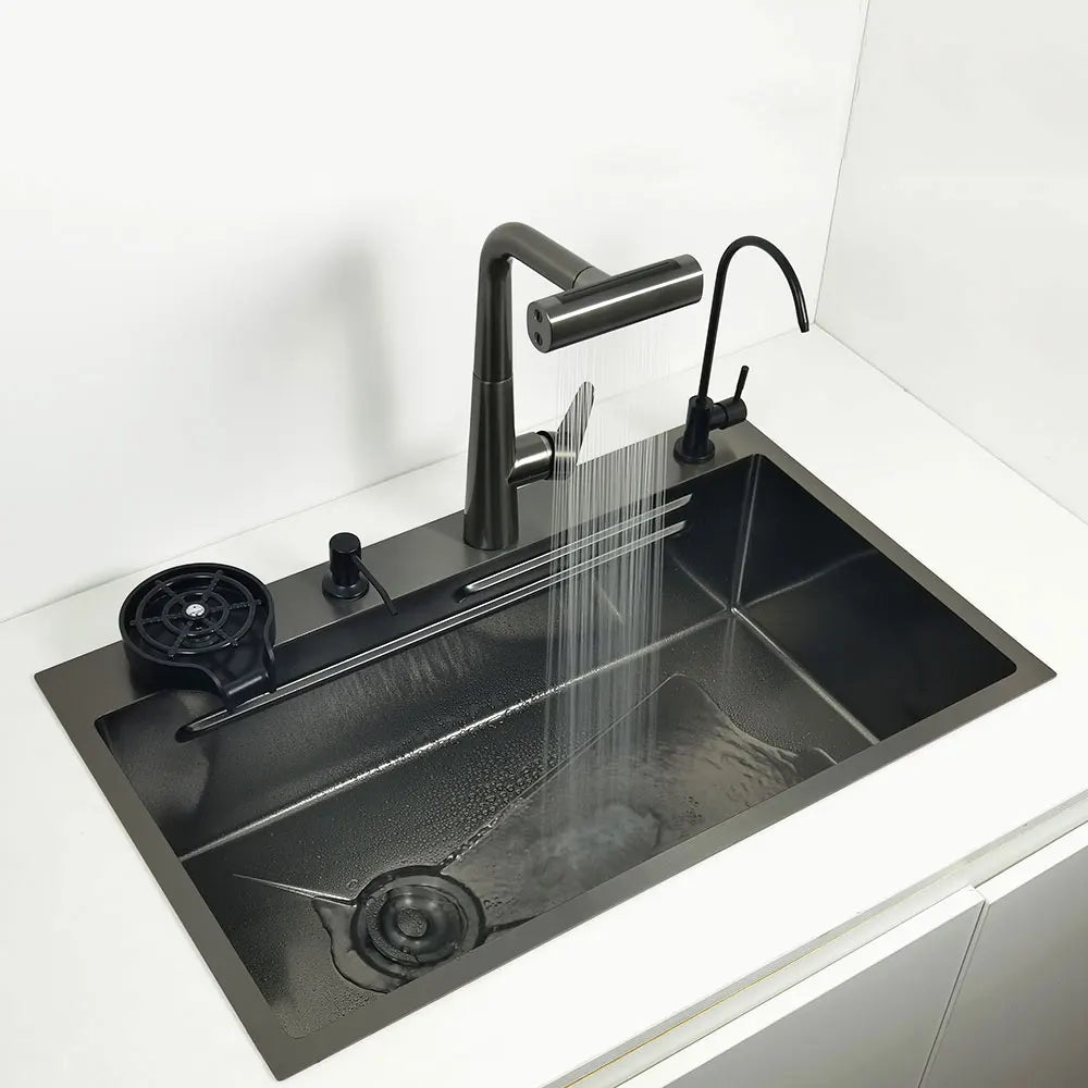 kitchen sink waterfall faucet honeycomb anti-scratch nano technology left drain Stainless Steel sinks 4 function kitchen faucet