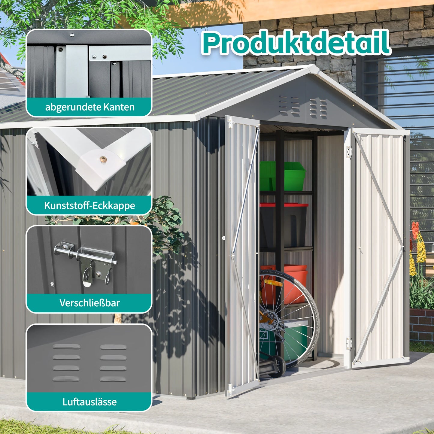 8x6FT Graues Metall-Tool-Shed mit Klapptür, Anthrazit-Farbe – Ideal für Gartengeräte und Werkzeugaufbewahrung