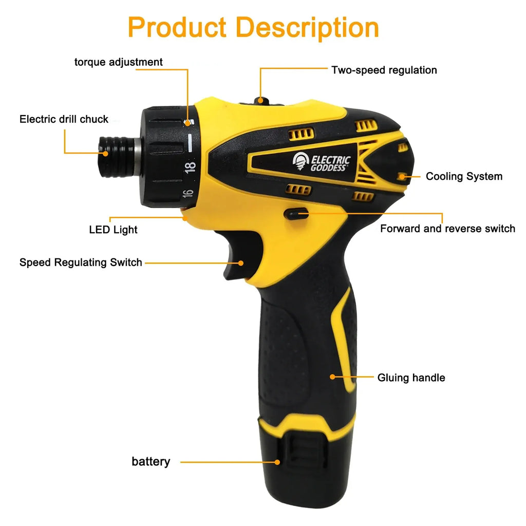 12V Cordless Drill Electric Screwdriver Mini Wireless Power Driver Lithium-Ion Battery Home DIY 18+1 TorqueSettings