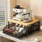 Space-Saving Kitchen Countertop Organizer Made of Sturdy Hardwood with Drawer and Wire Basket for Coffee Maker