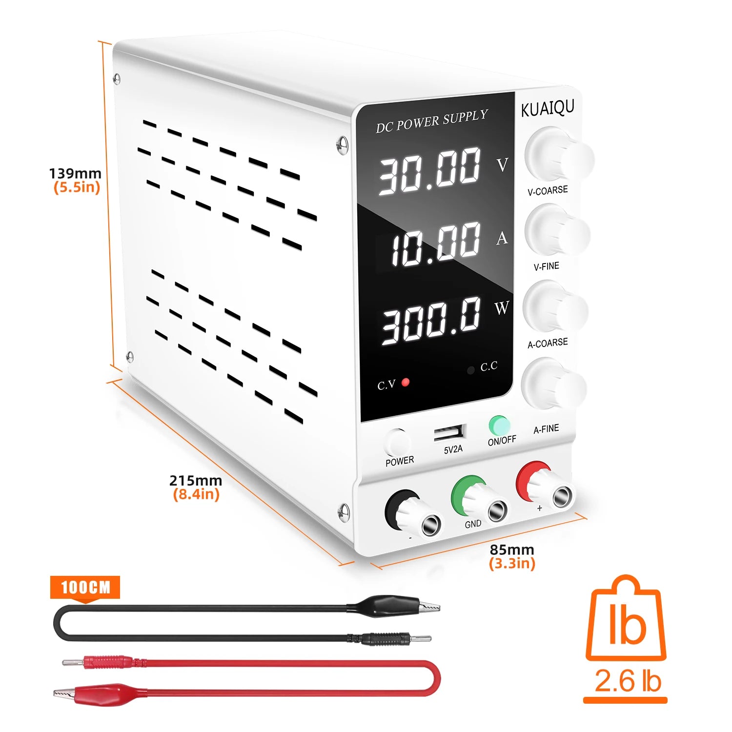 KUAIQU Adjustable Switching DC Power Supply 30V 10A 6A Lab Bench Power Supply 60V 5A 120V 3A Output Preset Current USB Interface