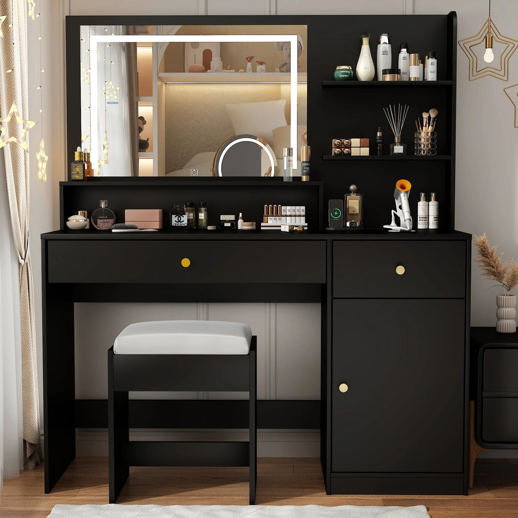 Vanity Desk with Mirror and Lights, LED Dressing Table with Vanity Chair Power Outlet, Lighted Makeup Vanity Desk with 2 Drawers