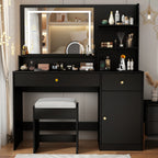 Vanity Desk with Mirror and Lights, LED Dressing Table with Vanity Chair Power Outlet, Lighted Makeup Vanity Desk with 2 Drawers