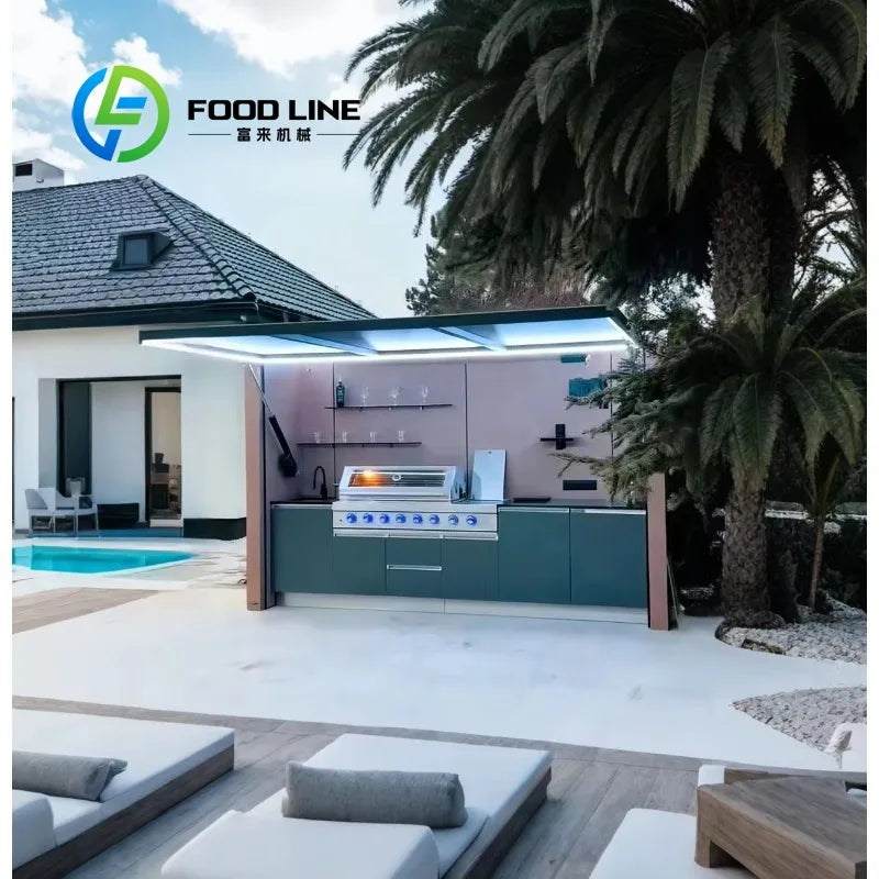 Customized One Stop Integrated Outdoor BBQ Kitchen With Refrigerator Sink Storage Cabinet Retractable Door Shelter