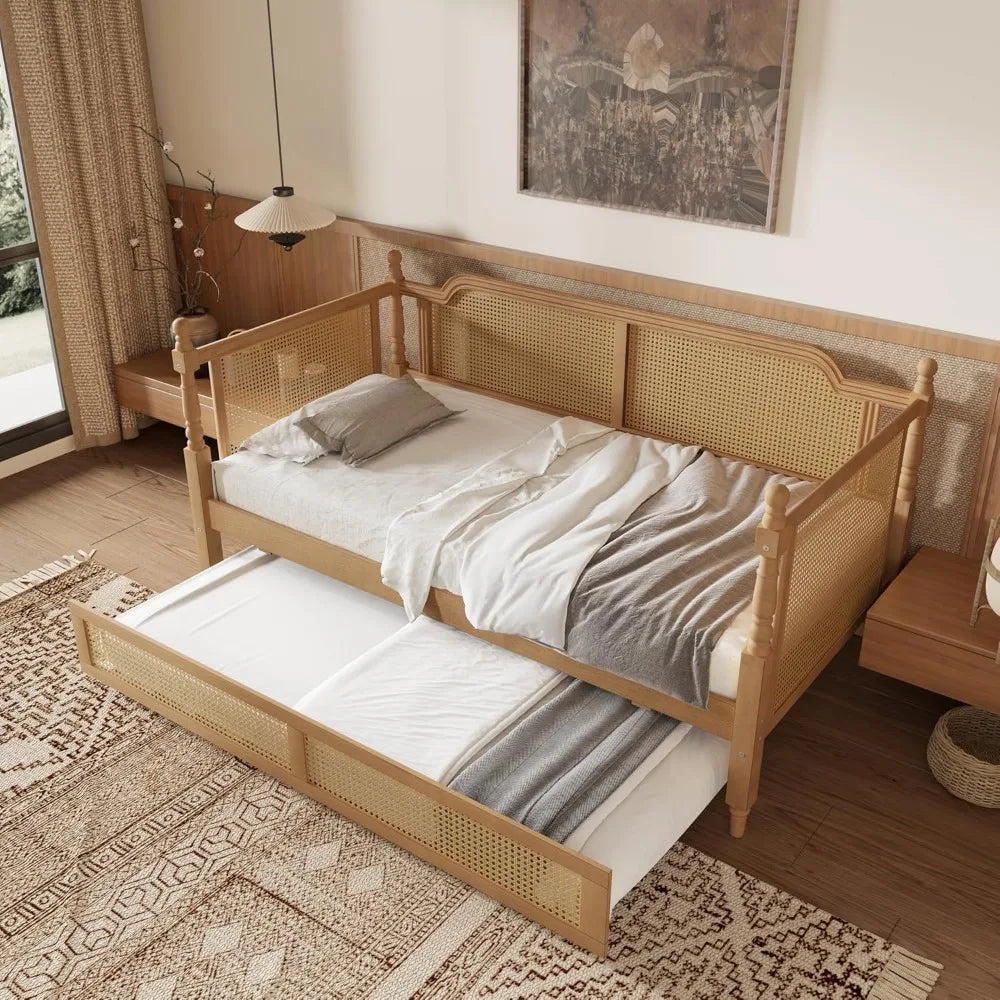 Traditional Style Rattan Twin Size Daybed, Wood Daybed with Trundle for Small Space Guestroom, No Box Spring Needed, Antique Wal
