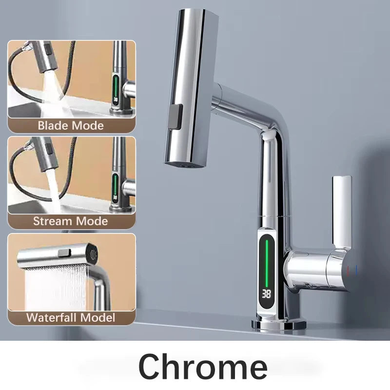 Waterfall Pull Out Kitchen Faucet White Intelligent Digital Display Cold Hot Mixer Taps Rotatable Sink Lifting Basin Faucet