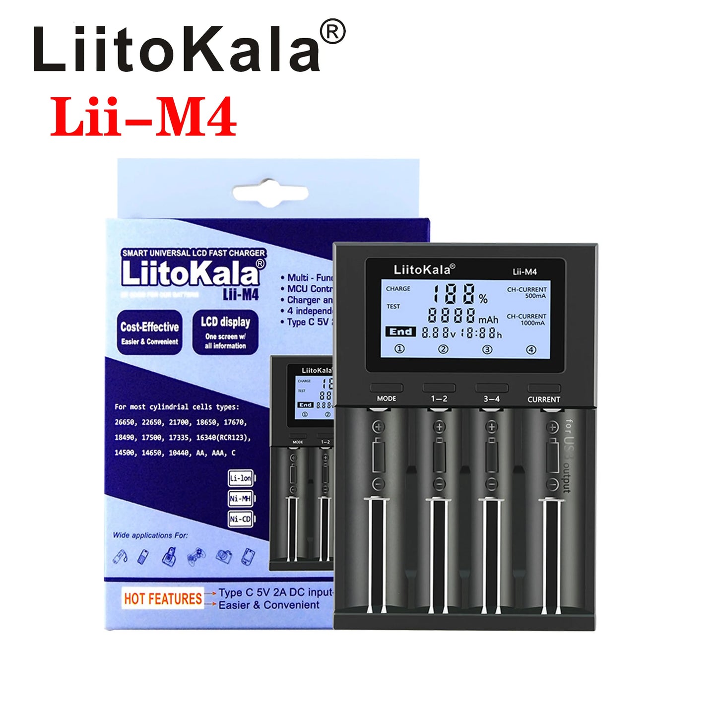 LiitoKala Lii-M4S 18650 LCD Multifunctional Battery Charger For 3.7V 1.2V 26650 21700 14500 18350 17500 AA AAA A C And Other