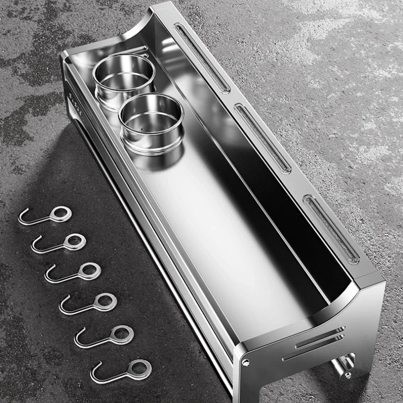 Stainless Steel Wall-Mounted Kitchen Storage Rack No-Drill Spice Shelf Knife Holder Condiment Organizer for Kitchen Counter
