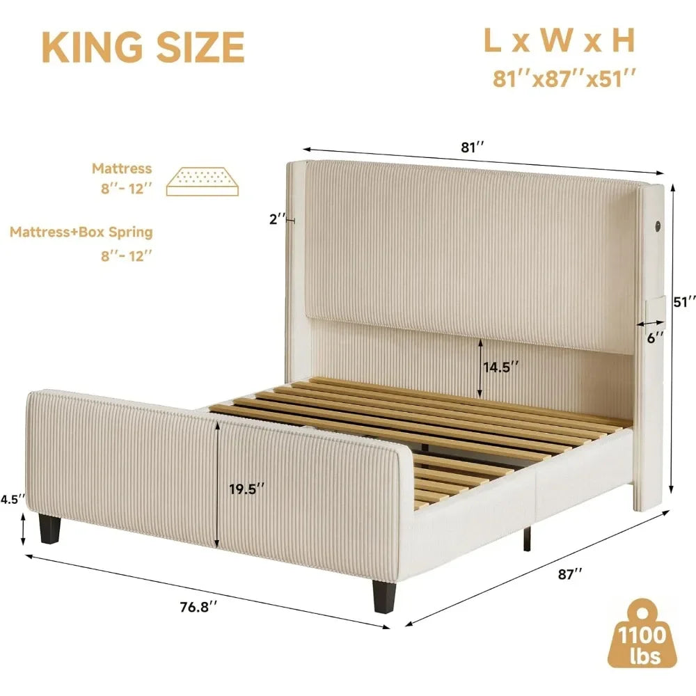 King Size Upholstered Bed Frame with USB Charging Ports - Tall Wingback Headboard & Footboard, Easy Assembly Design