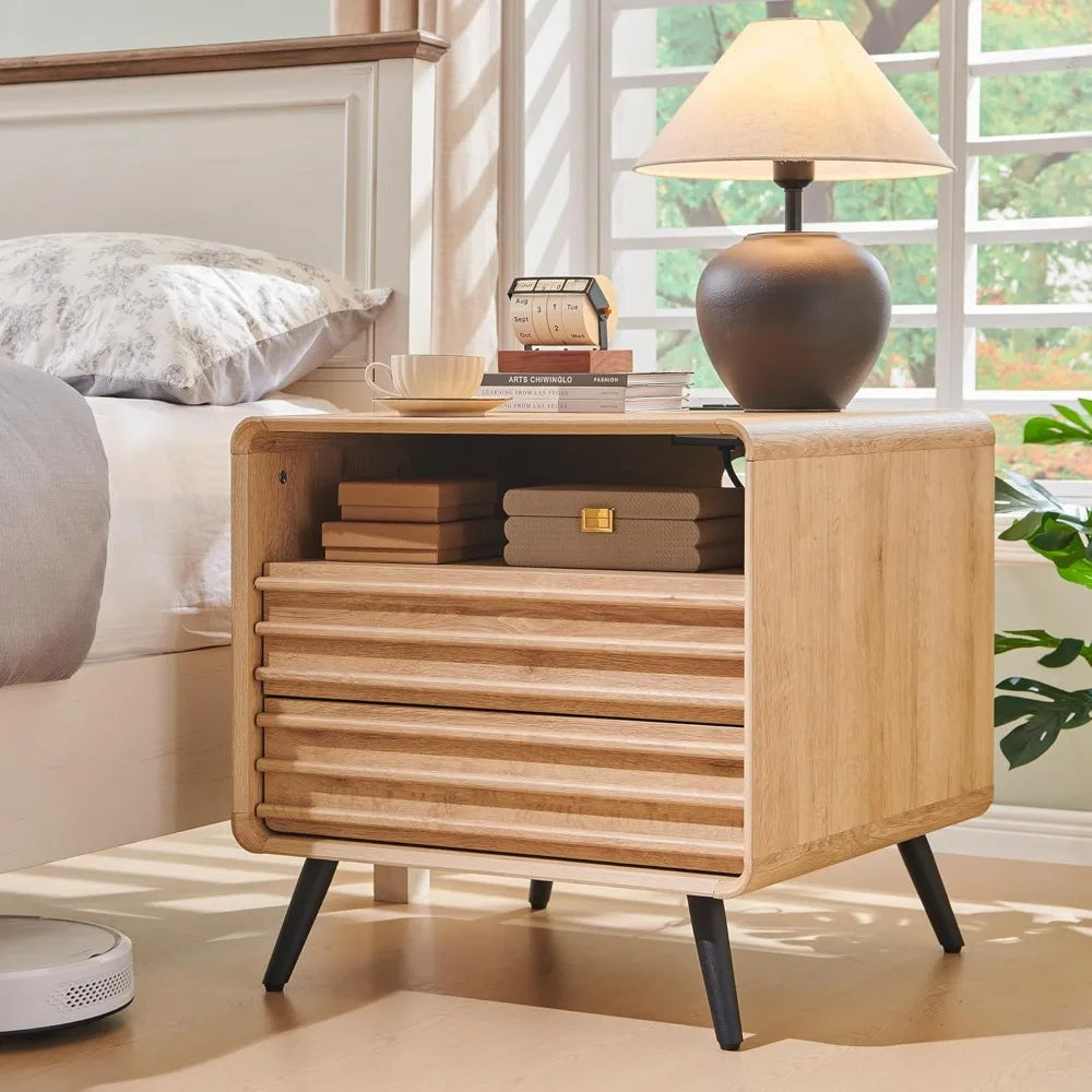 24" Nightstand with Charger Station, Mid Century Modern Fluted End Table with 2 Drawers, Wooden Side Table with Open Cubby