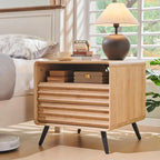 24" Nightstand with Charger Station, Mid Century Modern Fluted End Table with 2 Drawers, Wooden Side Table with Open Cubby