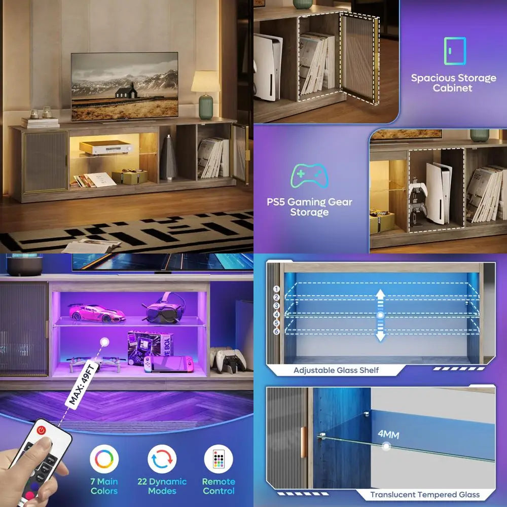 "80-Inch TV Capacity LED Entertainment Center with Adjustable Glass Shelves and Translucent Door Storage Cabinets"