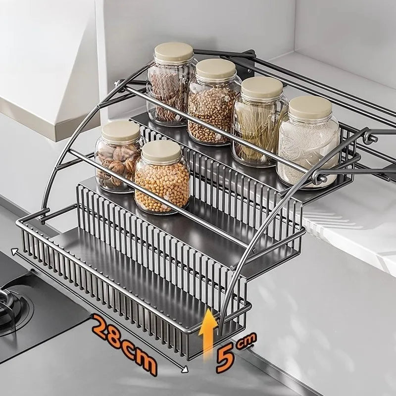Kitchen Storage Rack Pull-Down Hanging Basket Under-Cabinet Spice Drawer Overhead Telescoping Seasoning Shelf for Small Kitchens