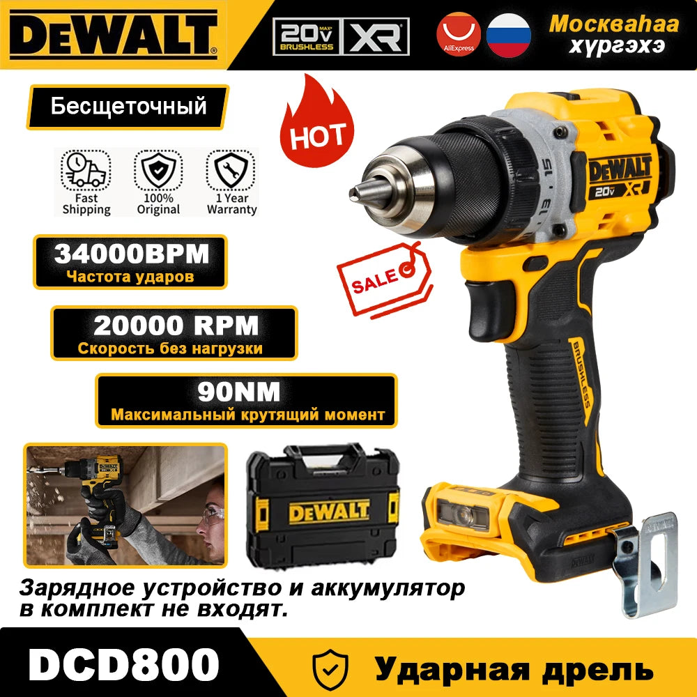DEWALT 20V Brushless Cordless Compact Drill Driver DCD800 90N.m Rechargeable Original Electric Screwdriver Household Power Tools