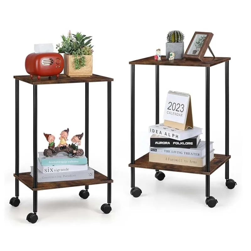 Set of 2 End Table with Wheels, 2-Tier Side Table,Side Table with Storage, Table Stand, Nightstand for Living Room Bedroom Table