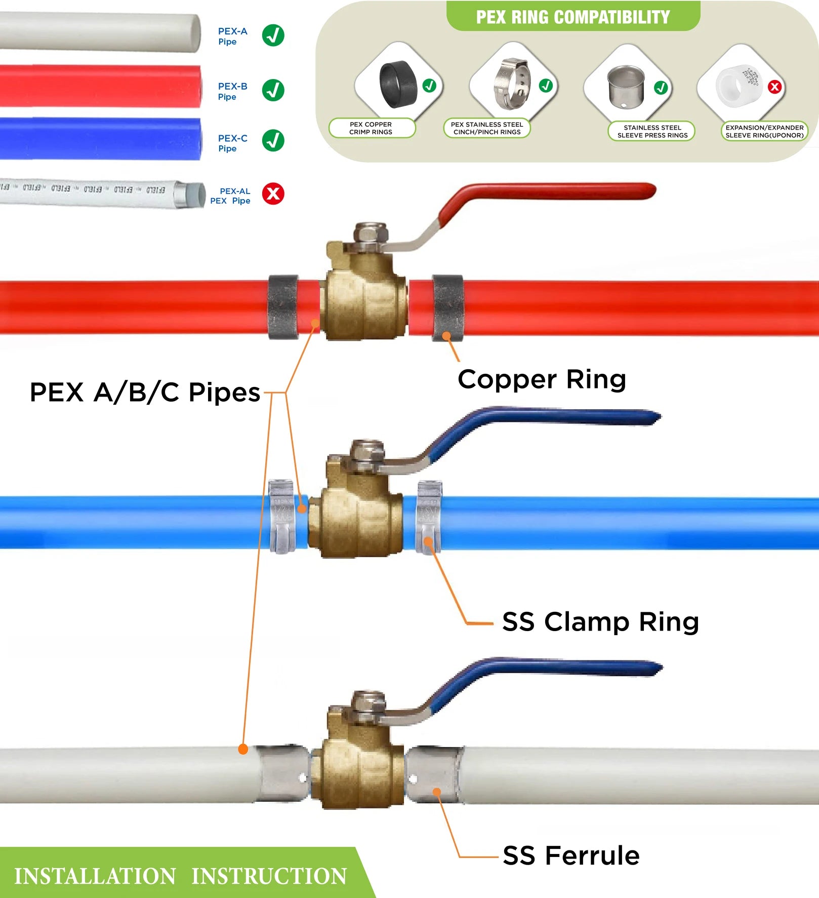 KING SMART Crimp/F1807 PEX 1/2" Full Port PEX Ball Valve; for Hot and Cold Water System; 10Pcs/Case; 80410