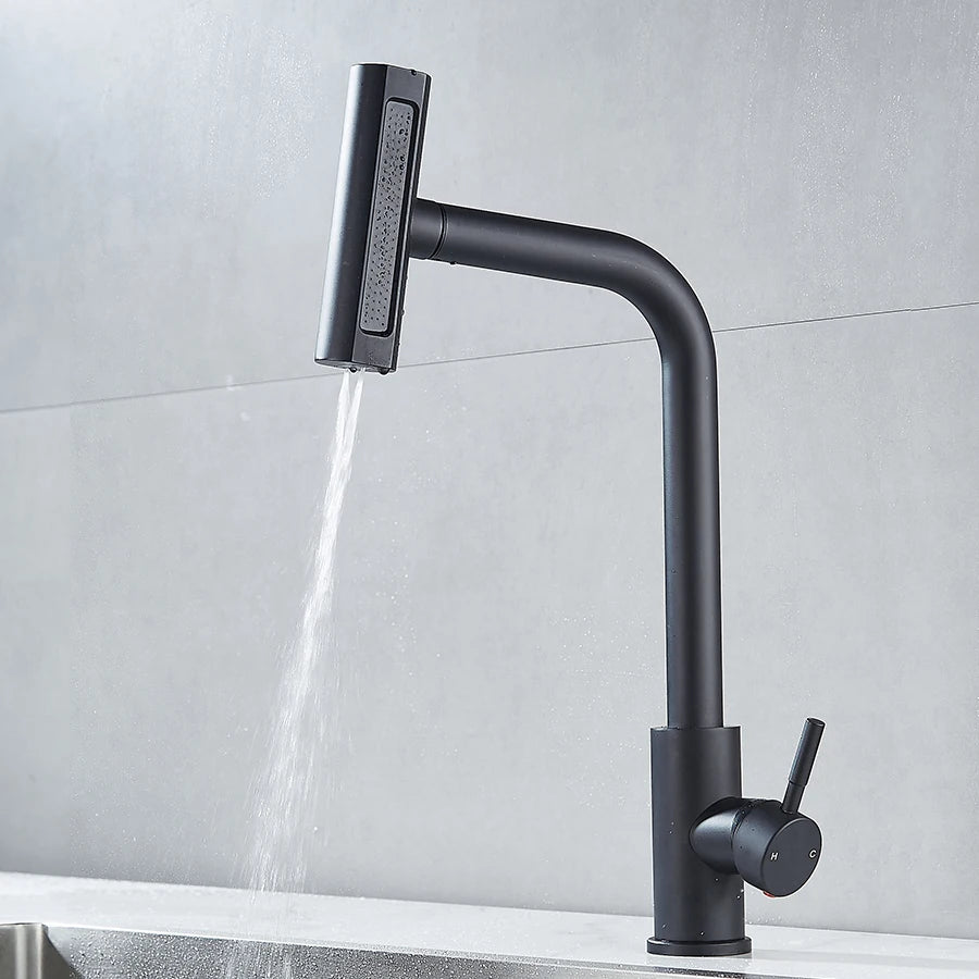 4-Mode Black Pull-Out Kitchen Faucet | RV & Home Hot/Cold Sink Faucet