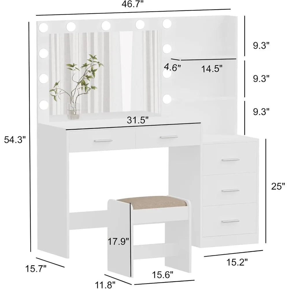 46.7" W Makeup Vanity Set with LED Lights & Mirror – Vanity Desk with 5 Drawers, 3 Color Lighting Modes, Dressing Table for Bedr