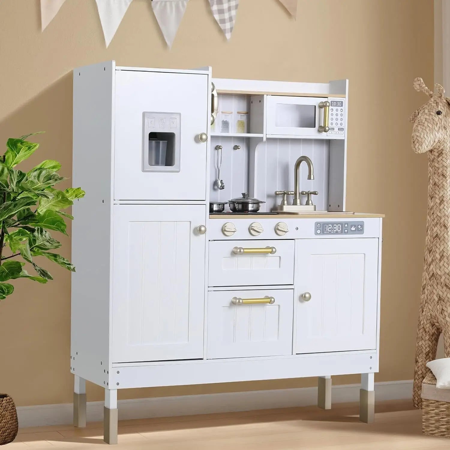 Children's Wooden Kitchen Toy for Children Play Kitchen with Simulated Light and Sound Effects, Doll Kitchen with Accessories