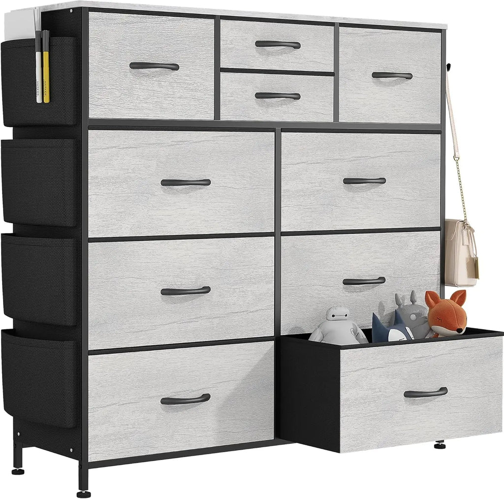 Dresser for Bedroom Chest of Drawers with Side Pockets and Hooks, Fabric Storage Organizer Unit for Living Room, Hallway, Closet