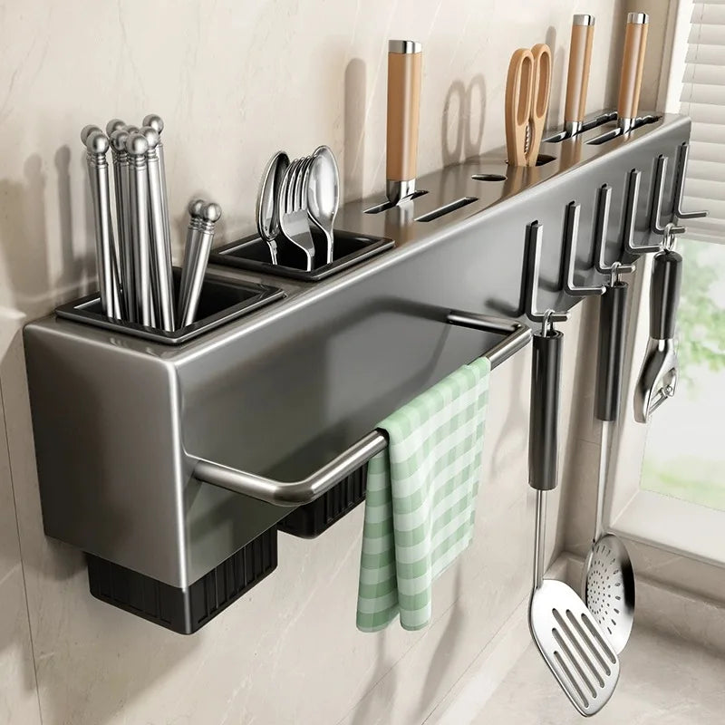 Multifunctional Wall-Mounted Kitchen Storage Rack, Heavy-Duty Carbon Steel Knife Holder, Knife Storage Rack with Hooks, No-Drill Installation, Home and Restaurant Storage for Knives, Cutlery, and Cutting Boards, Space-Saving