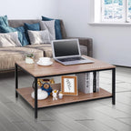 Industrial Coffee Table with Storage Shelf for Living Room, Wood Look Accent Furniture with Vintage Wooden Board Stable Metal F