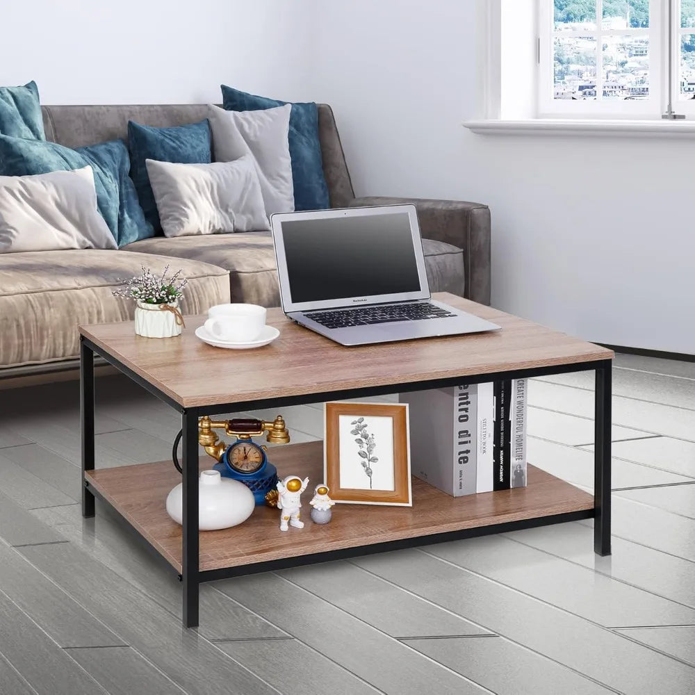 Industrial Coffee Table with Storage Shelf for Living Room, Wood Look Accent Furniture with Vintage Wooden Board Stable Metal F