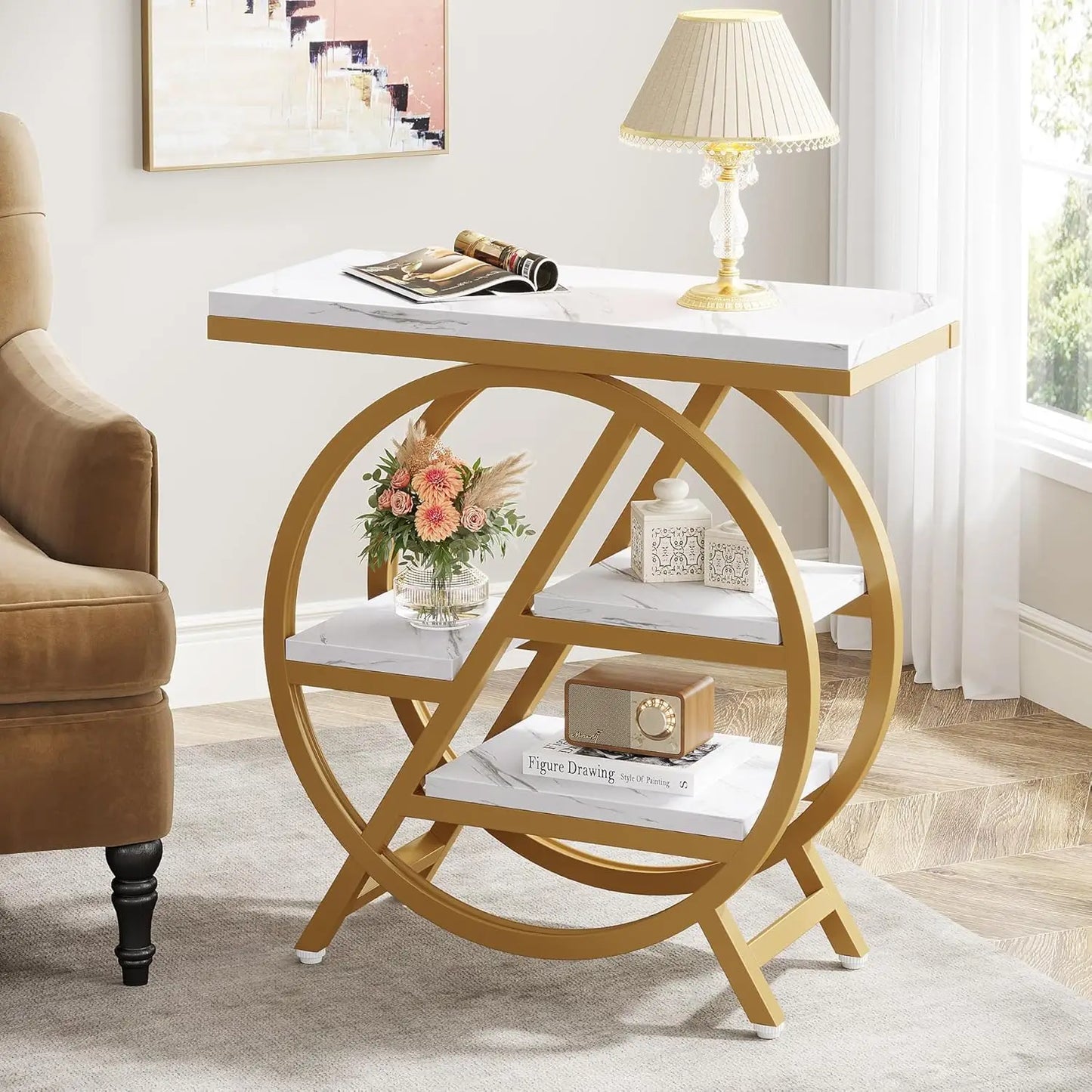 3-Tier Narrow Side Table with Storage, Wood Sofa Side Table with Geometric Metal Frame, Nightstand  for Bedroom, Living Room