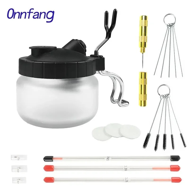 Onnfang 0.2/ 0.3/0.5mm Airbrush Cleaning Pot Glass Jar Bottles Filter Frosted Spray Gun Cleaner Tools Set Airbrush Accessories