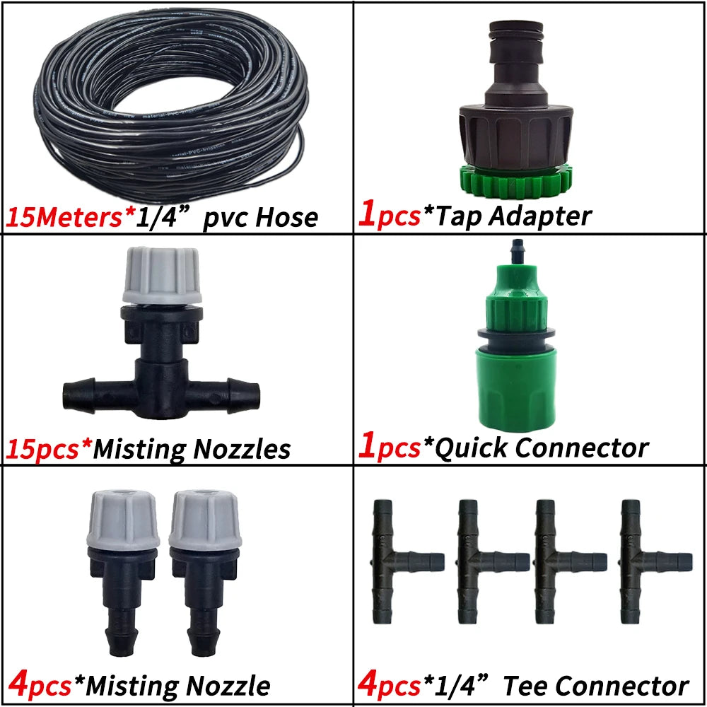5M-30M Outdoor Misting Cooling System Garden Irrigation Watering 1/4'' Brass Atomizer Nozzles 4/7mm Hose for Patio Greenhouse