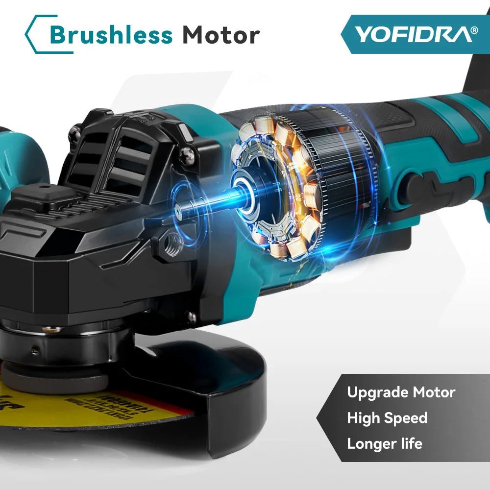 YOFIDRA 125mm Brushless Angle Grinder 3 Gears M14 Cordless Electric Impact Grinding Power Tool For Makita 18V Battery Pin