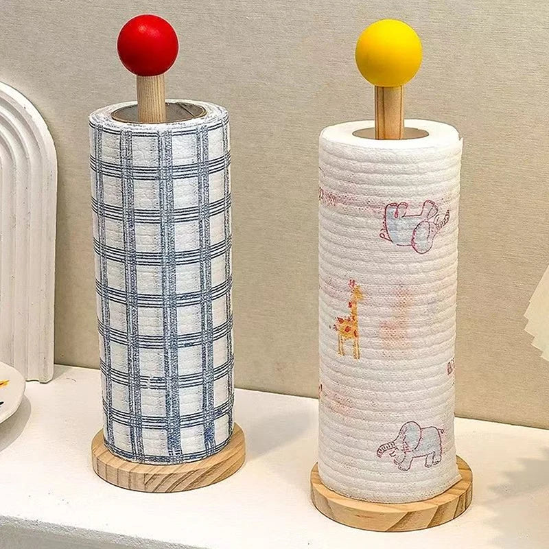 Kitchen Wooden Roll Paper Towel Holder Bathroom Tissue Vertical Stand Disposable Paper Pot Kitchen Toilet Storage Accessories
