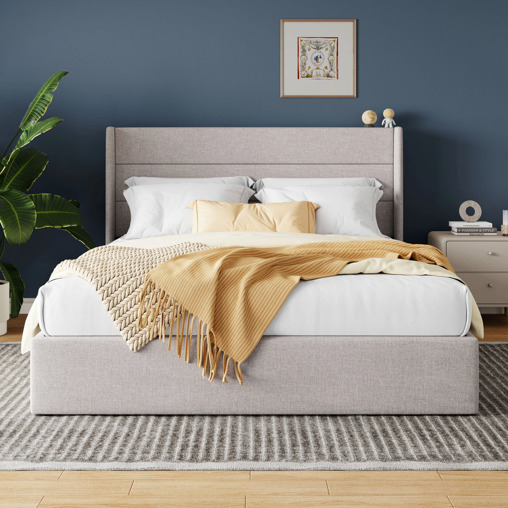 HOOMIC Lift Up Storage Bed with Wingback Headboard/Heavy-Duty Hydraulic Bed/Large Underneath Storage Allewie