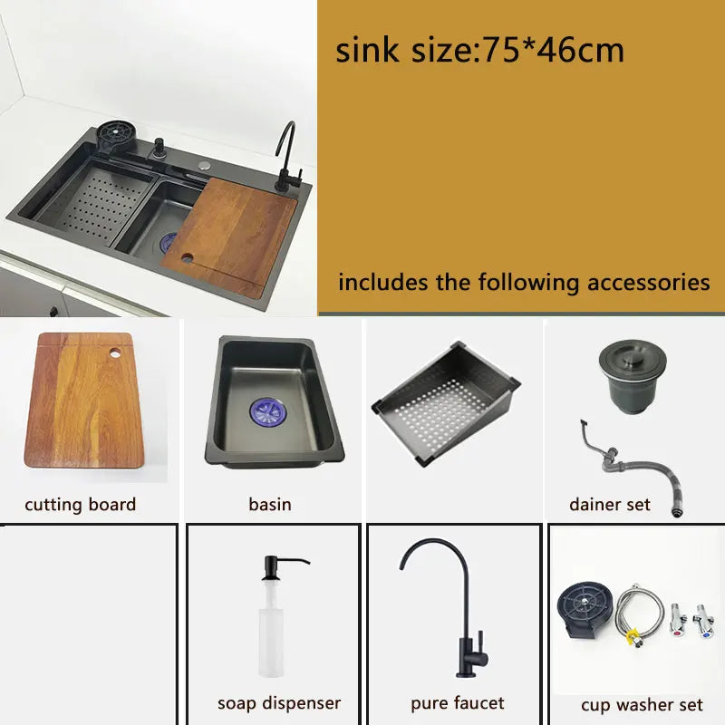 kitchen sink waterfall faucet honeycomb anti-scratch nano technology left drain Stainless Steel sinks 4 function kitchen faucet