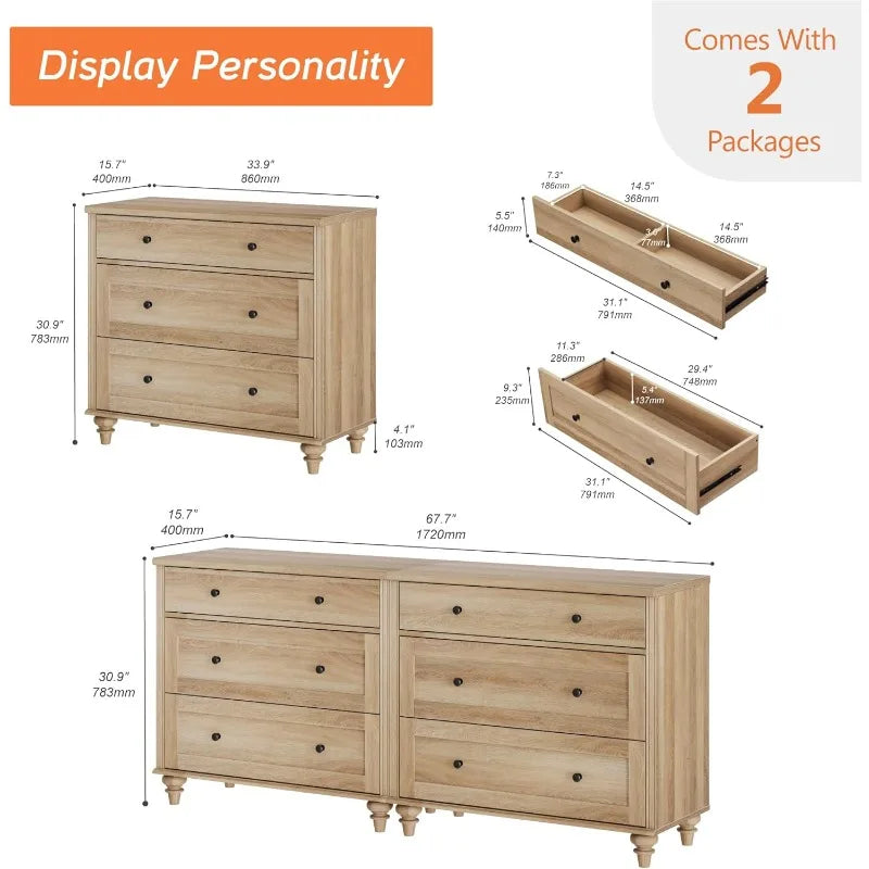 WAMPAT Dresser for Bedroom with 6 Drawers，Mid Century Modern Wooden Closet Storage Organizer