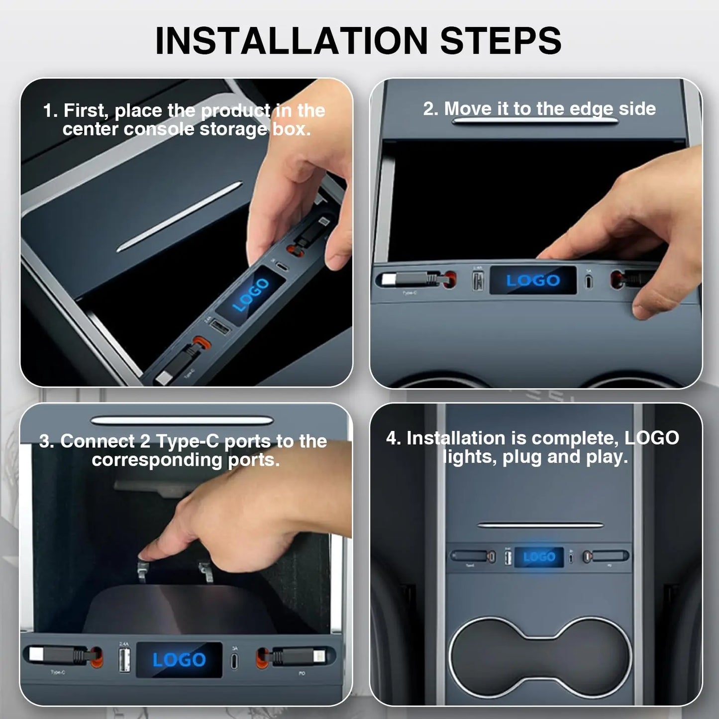 Car USB Charger Multi Port for 2021-2024 Tesla Model 3/Y,Multifunctional Tesla Accessories with Logo Gifts for Tesla Owners