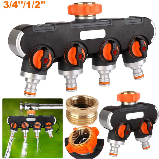 2/4 Way Garden Hose Splitter 3/4"and 1/2" Tap Distributor for Outdoor Tap Connector and Garden Hoses Lawn Irrigation Diverter